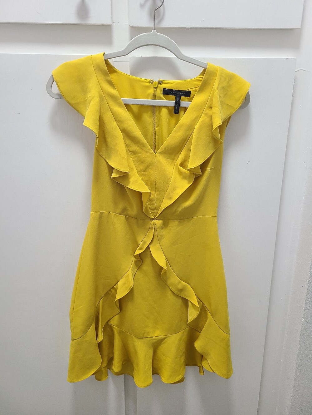 BCBGMaxAzria Yellow Ruffle V-Neck Mini Dress